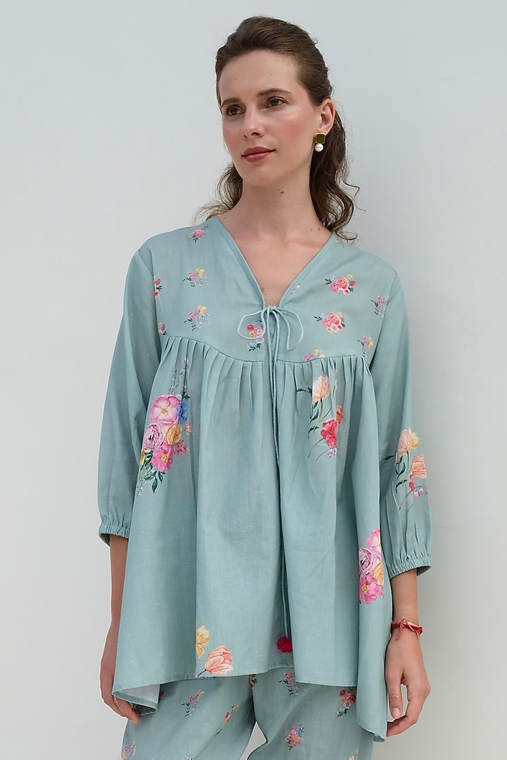 Aqua Blue Linen Floral Top by Roza Pret at Pernia's Pop Up Shop