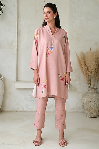 Pink Linen Printed A-Line Tunic by Roza Pret