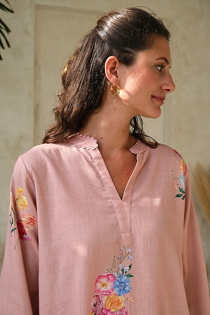 Pink Linen Printed A-Line Tunic by Roza Pret at Pernia's Pop Up Shop