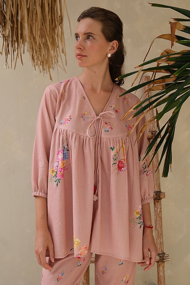 Pink Linen Floral Top by Roza Pret at Pernia's Pop Up Shop