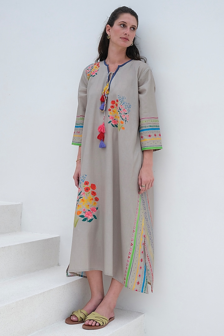 Beige Linen Printed Maxi Dress by Roza Pret at Pernia's Pop Up Shop