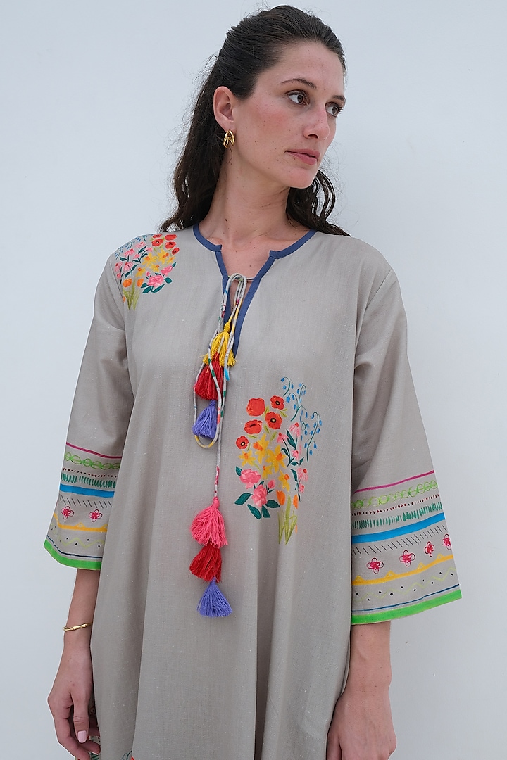 Beige Linen Printed Maxi Summer Dress by Roza Pret at Pernia's Pop Up Shop