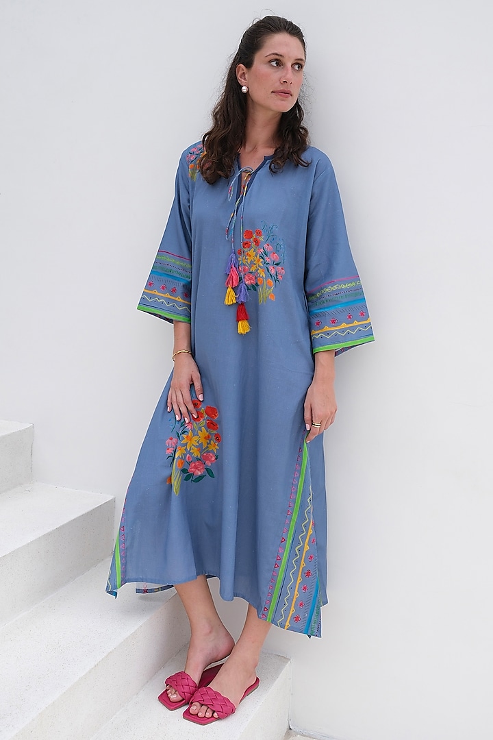 Royal Blue Linen Printed Maxi Dress by Roza Pret at Pernia's Pop Up Shop