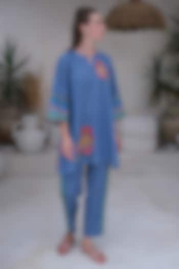 Royal Blue Linen Printed Tunic by Roza Pret at Pernia's Pop Up Shop