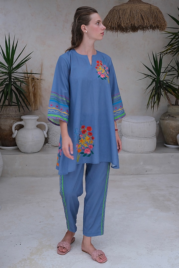 Royal Blue Linen Printed Tunic by Roza Pret at Pernia's Pop Up Shop