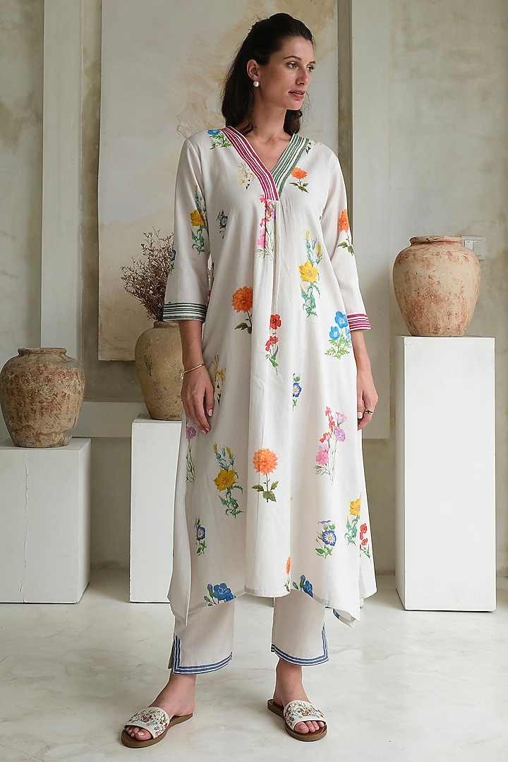 Ivory Linen Floral Kurta Set by Roza Pret at Pernia's Pop Up Shop