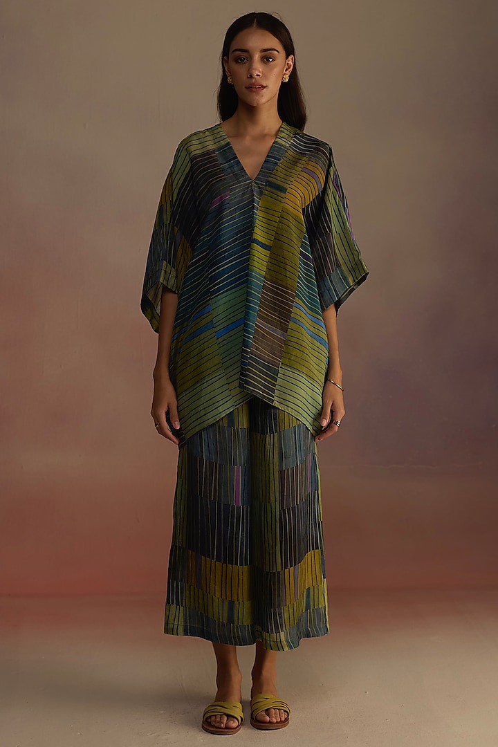 Blue Habutai Silk Asymmetric Striped Kaftan Set by Roza Pret at Pernia's Pop Up Shop