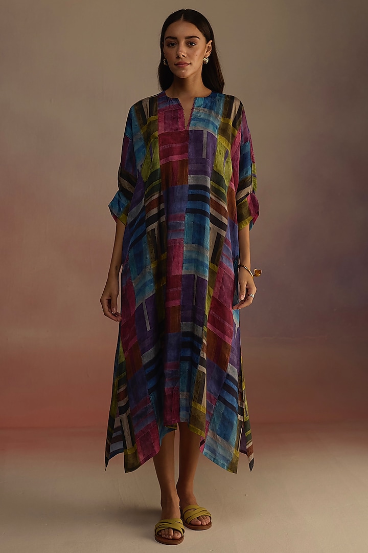 Multi-Colored Habutai Silk Hand-Sketched Printed A-Line Dress by Roza Pret at Pernia's Pop Up Shop