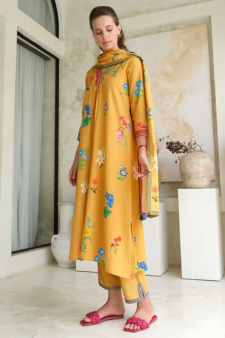 Mango Yellow Linen Floral Stole by Roza Pret at Pernia's Pop Up Shop