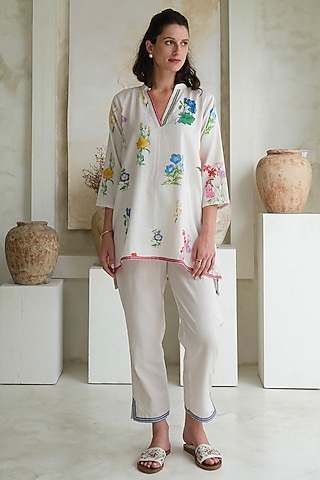 Ivory Linen Floral Tunic by Roza Pret