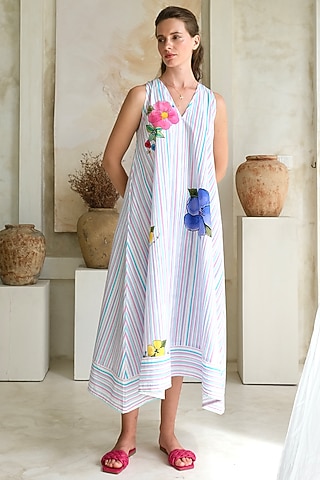 Multi-Colored Poplin Striped Midi Dress by Roza Pret