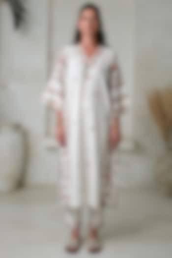 Ivory Linen Floral Printed Kurta Set by Roza Pret at Pernia's Pop Up Shop