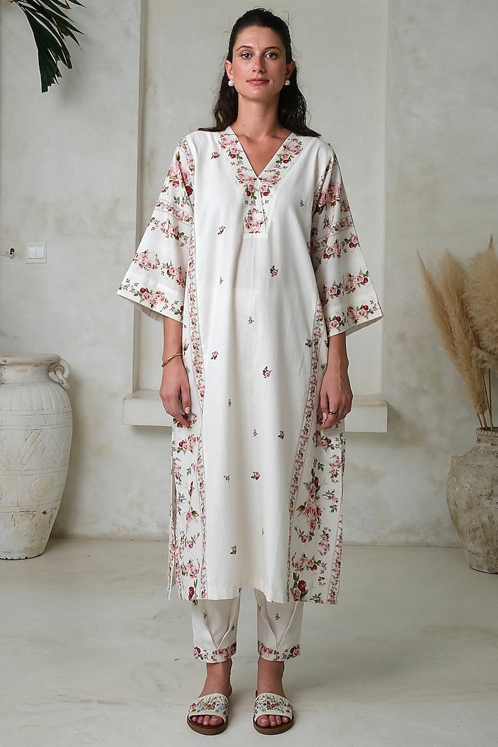 Ivory Linen Floral Printed Kurta Set by Roza Pret at Pernia's Pop Up Shop