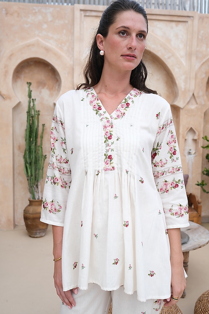 Ivory Linen Floral Printed A-Line Top by Roza Pret at Pernia's Pop Up Shop