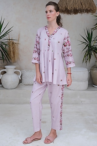 Mauve Linen Floral Printed Pant by Roza Pret