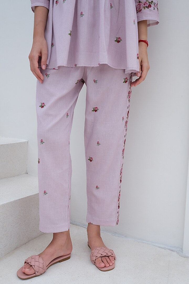 Mauve Linen Floral Printed Pant by Roza Pret at Pernia's Pop Up Shop