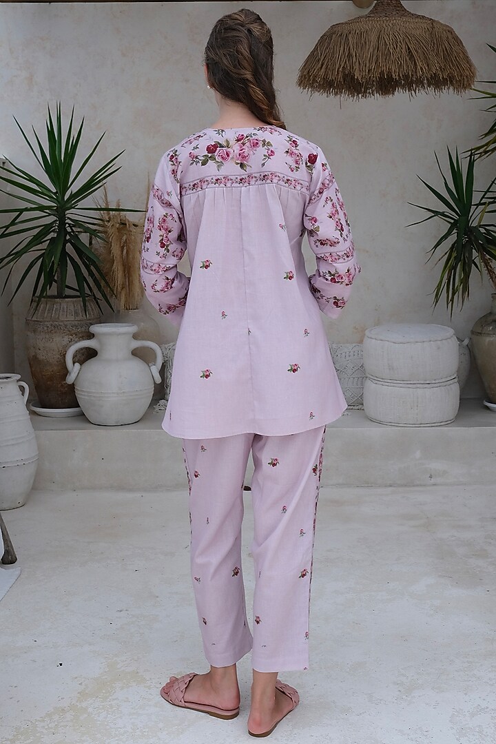 Mauve Linen Floral Printed Pant by Roza Pret at Pernia's Pop Up Shop
