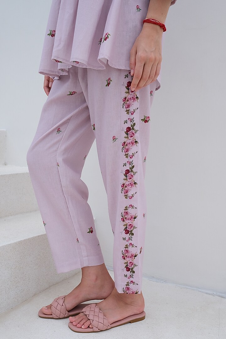 Mauve Linen Floral Printed Pant by Roza Pret at Pernia's Pop Up Shop