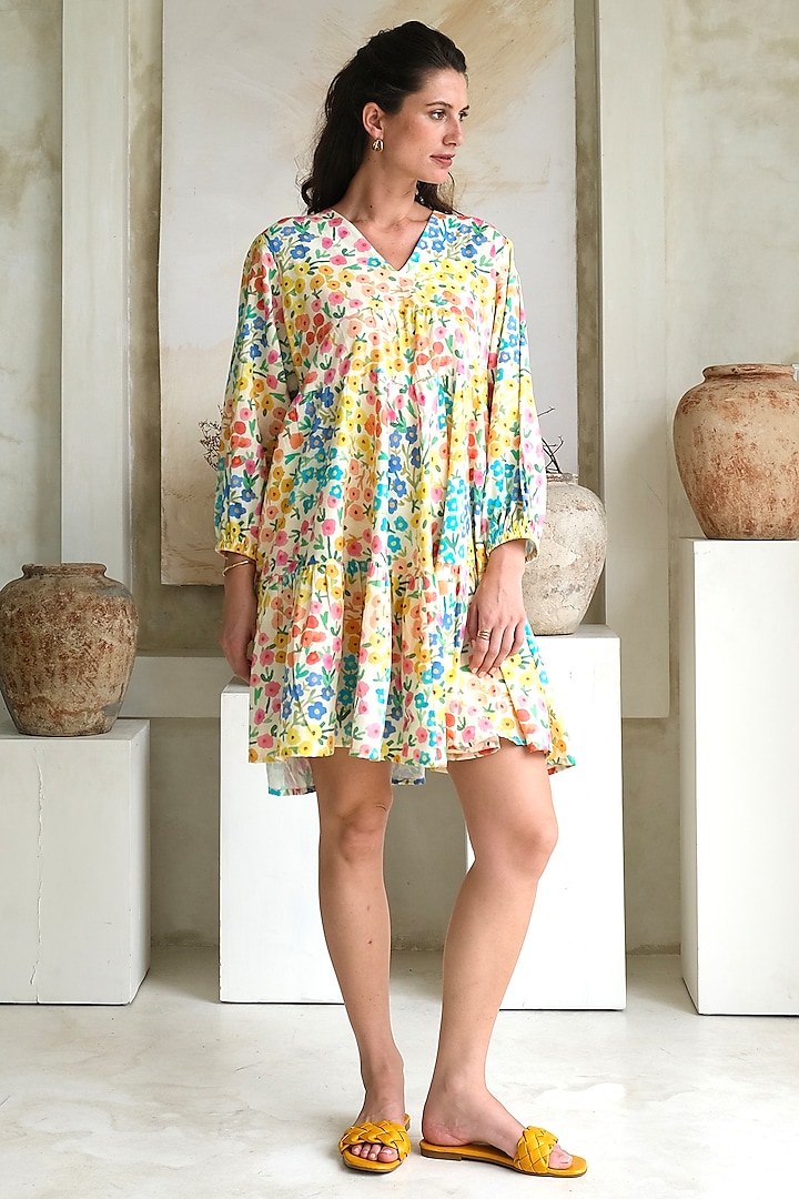 Multi-Colored Linen Mini Flared Dress by Roza Pret at Pernia's Pop Up Shop