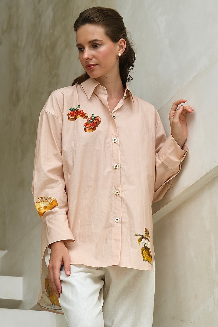 Peach Poplin Floral Embroidered & Printed Oversized Shirt by Roza Pret at Pernia's Pop Up Shop