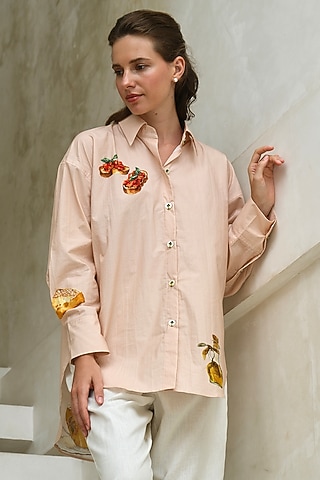 Peach Poplin Floral Embroidered & Printed Oversized Shirt by Roza Pret