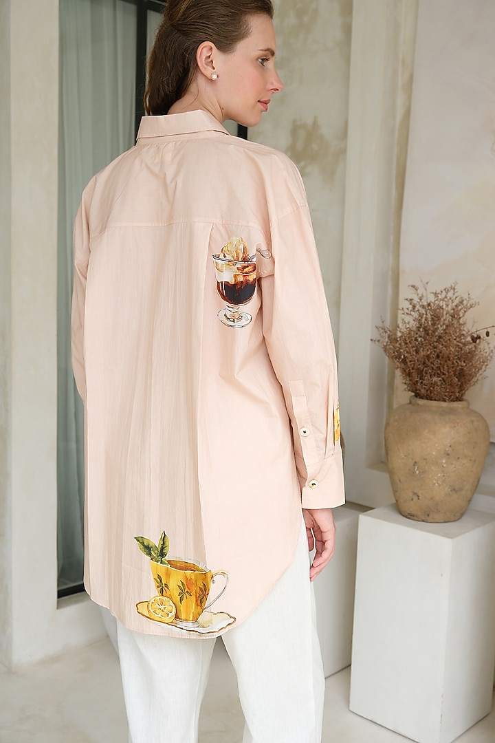 Peach Poplin Floral Embroidered & Printed Oversized Shirt by Roza Pret at Pernia's Pop Up Shop