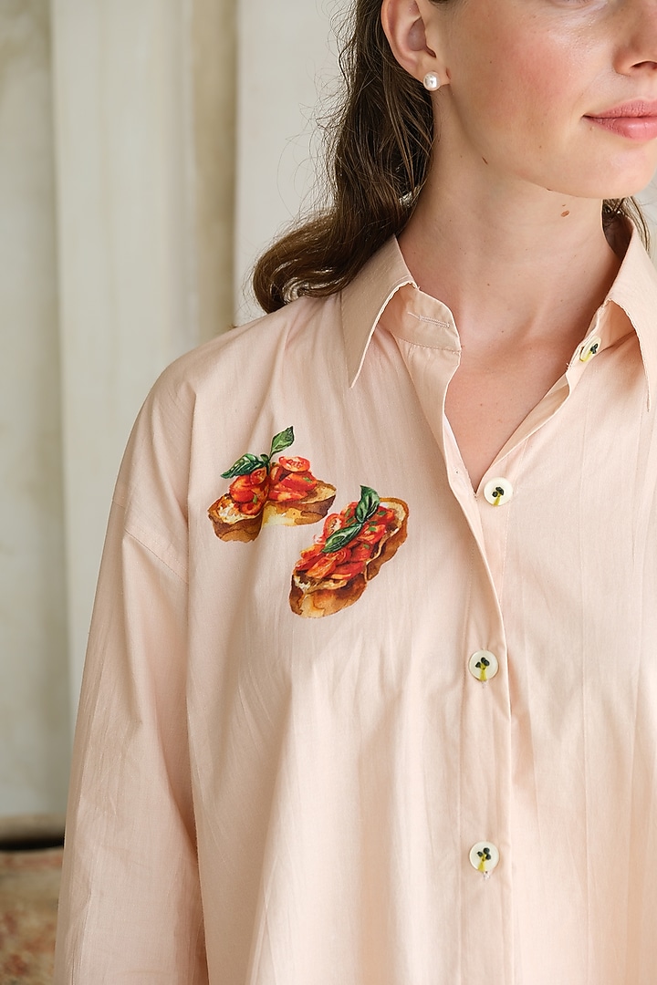Peach Poplin Floral Embroidered & Printed Oversized Shirt by Roza Pret at Pernia's Pop Up Shop