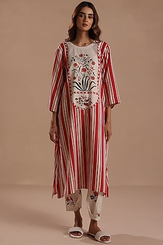Red & White Feather Linen Striped Kurta Set by Roza Pret
