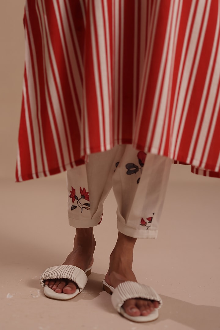 Red & White Feather Linen Striped Kurta Set by Roza Pret at Pernia's Pop Up Shop