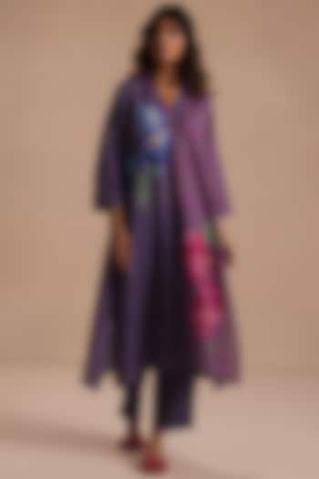 Blue Feather Linen Striped Kurta Set by Roza Pret at Pernia's Pop Up Shop