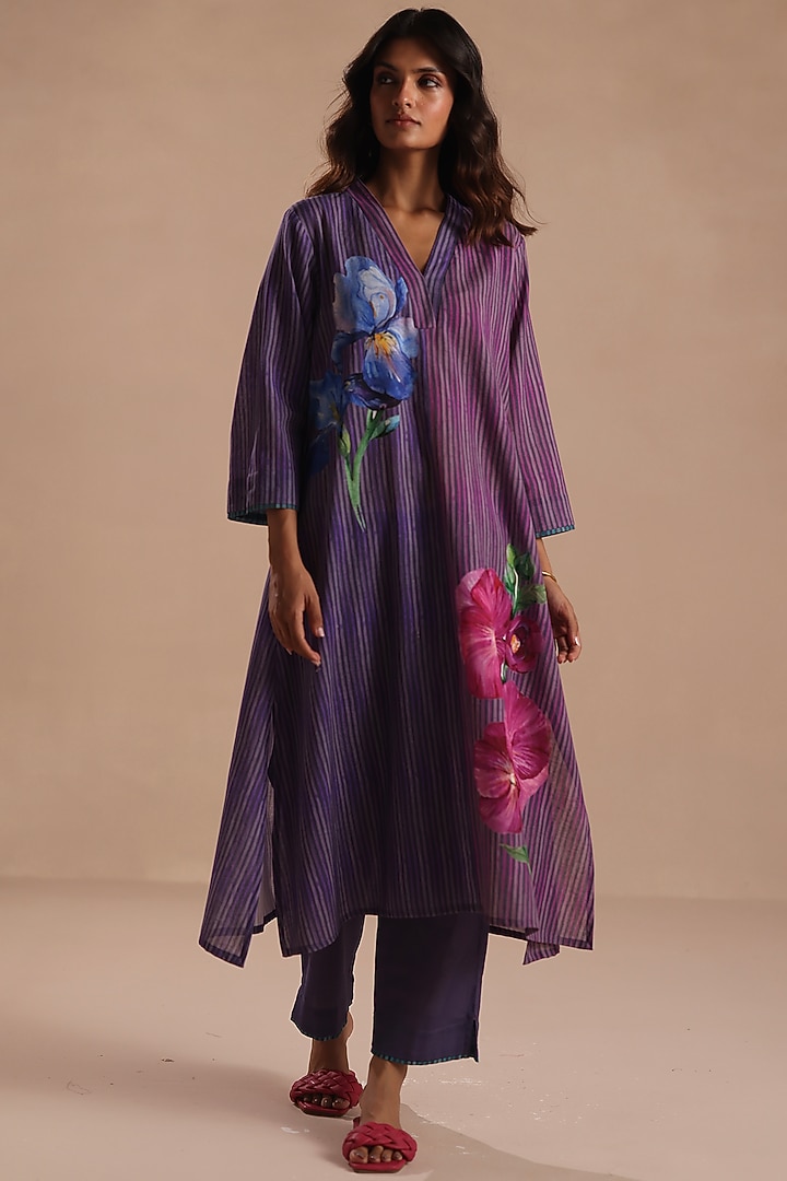 Blue Feather Linen Striped Kurta Set by Roza Pret at Pernia's Pop Up Shop