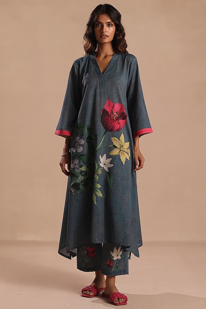 Navy Blue Feather Linen Floral Printed Kurta Set by Roza Pret at Pernia's Pop Up Shop