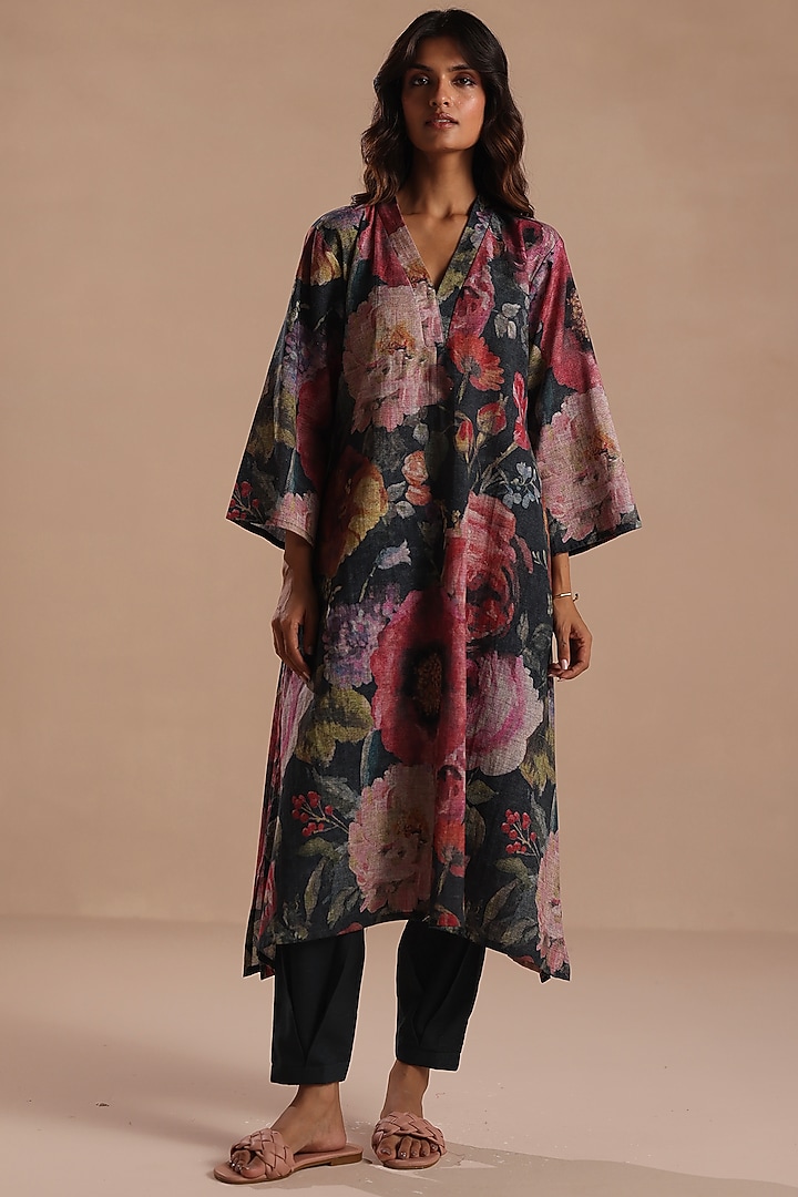 Multi-Colored Cotton Linen Floral Kurta Set by Roza Pret at Pernia's Pop Up Shop