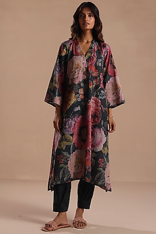 Multi-Colored Cotton Linen Floral Kurta Set by Roza Pret