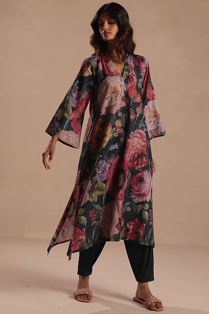 Multi-Colored Cotton Linen Floral Kurta Set by Roza Pret at Pernia's Pop Up Shop