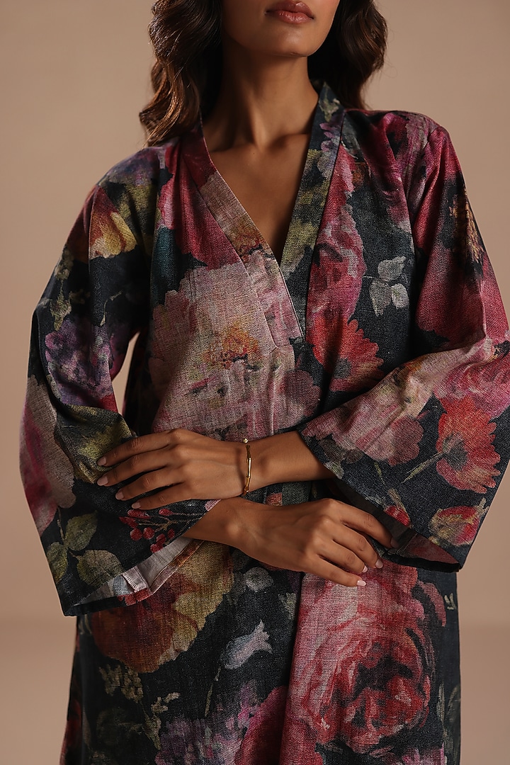 Multi-Colored Cotton Linen Floral Kurta Set by Roza Pret at Pernia's Pop Up Shop