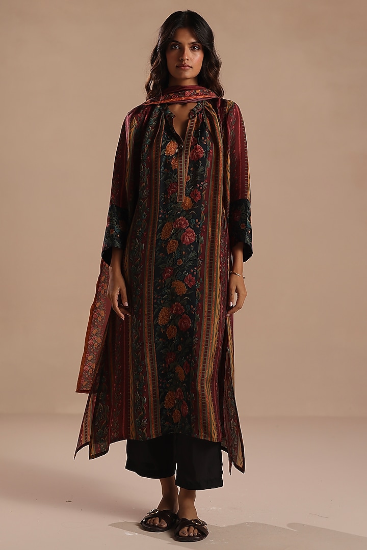 Maroon Habutai Silk Floral Stole by Roza Pret at Pernia's Pop Up Shop