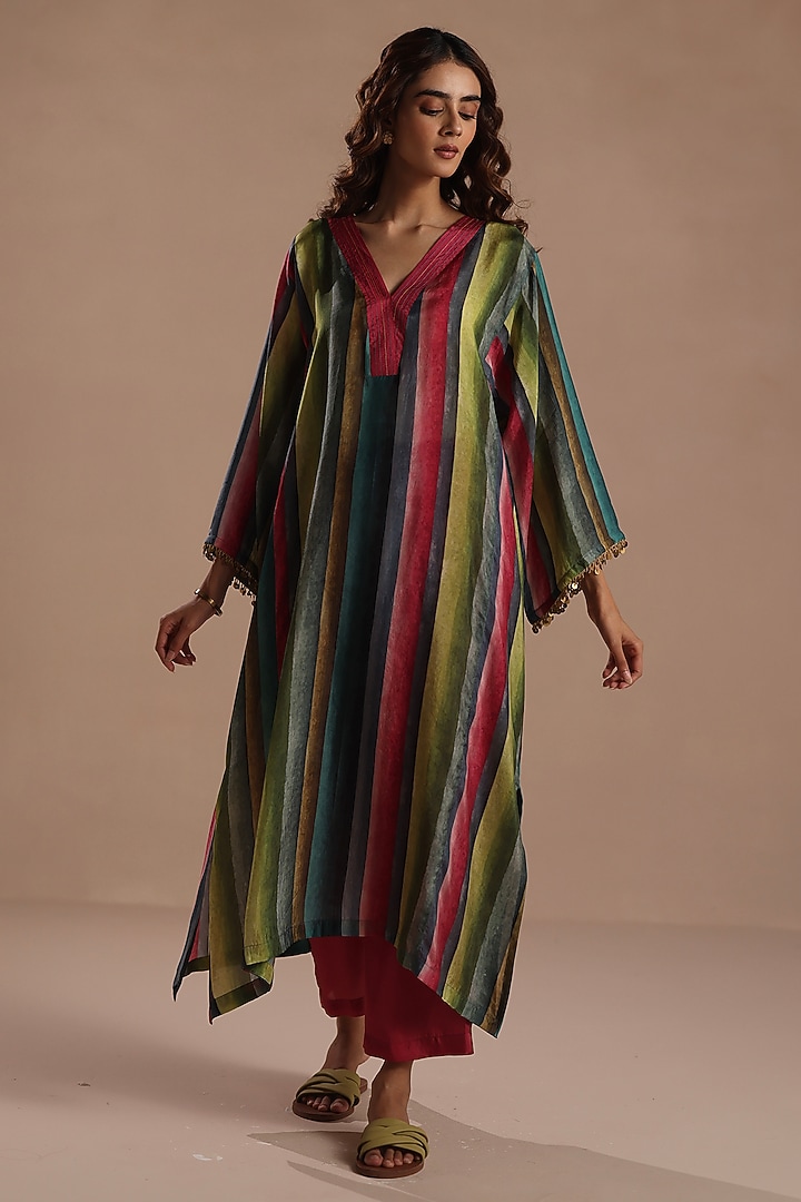 Multi-Colored Habutai Silk Stripe Printed Kurta Set by Roza Pret at Pernia's Pop Up Shop
