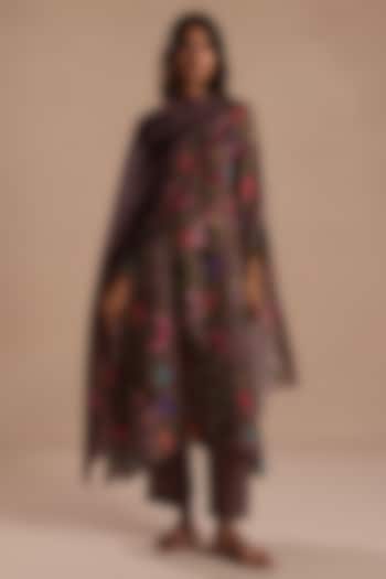 Plum Habutai Silk Watercolor Floral Motif Kurta Set by Roza Pret at Pernia's Pop Up Shop