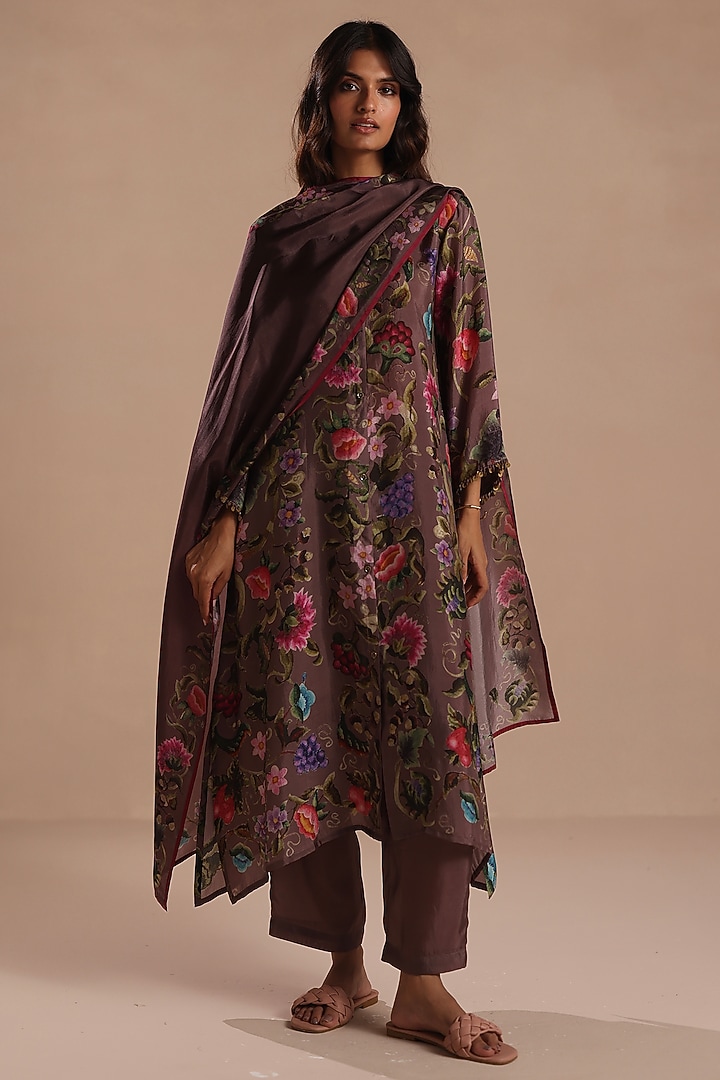 Plum Habutai Silk Watercolor Floral Motif Kurta Set by Roza Pret at Pernia's Pop Up Shop