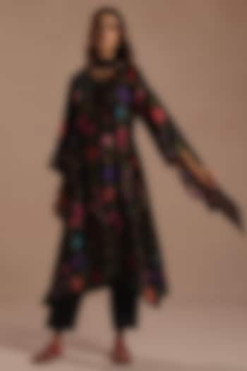 Black Habutai Silk Floral Watercolor Motif Kurta Set by Roza Pret at Pernia's Pop Up Shop