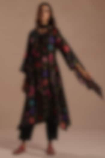 Black Habutai Silk Floral Printed Stole by Roza Pret at Pernia's Pop Up Shop