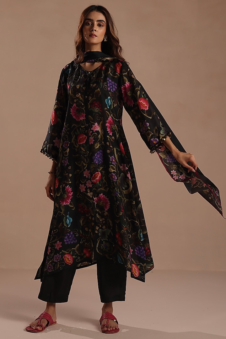 Black Habutai Silk Floral Printed Stole by Roza Pret at Pernia's Pop Up Shop
