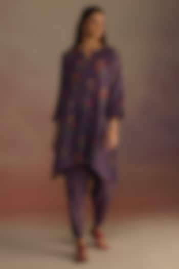 Purple Habutai Silk Hand-Sketched Watercolor Floral Printed Kurta Set by Roza Pret at Pernia's Pop Up Shop