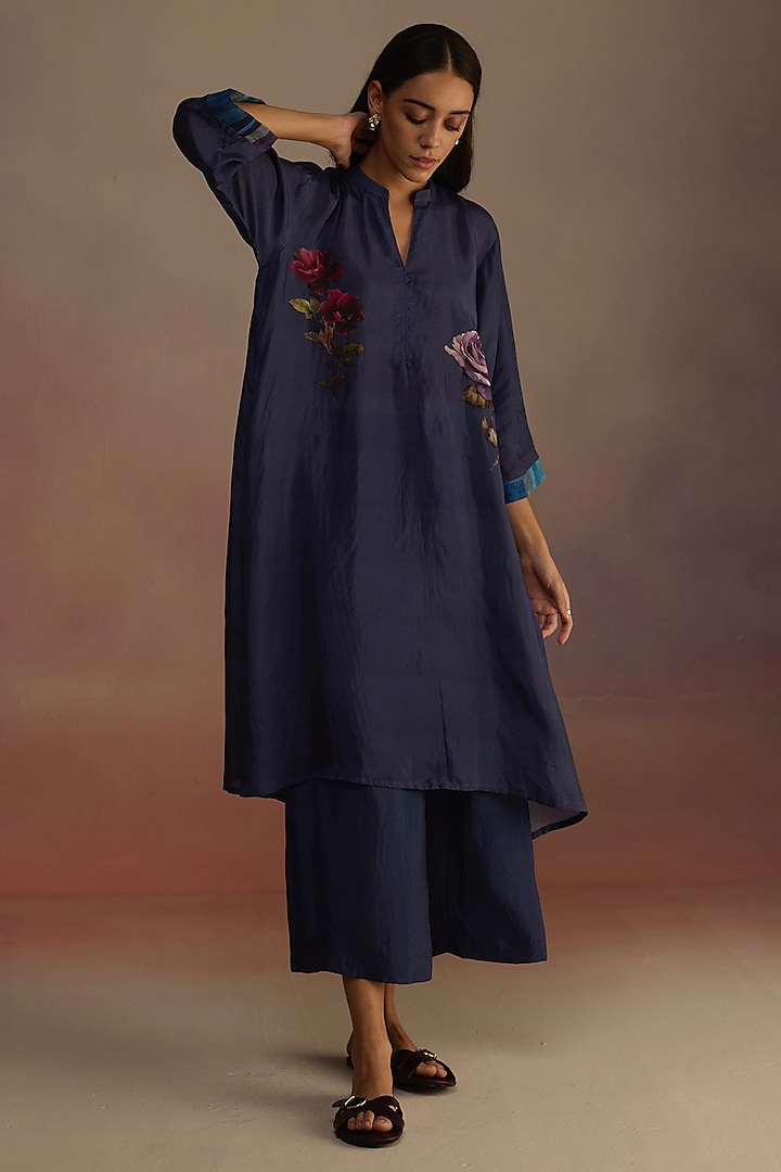 Navy Habutai Silk Hand-Drawn Watercolor Floral Motif Printed A-line Kurta Set by Roza Pret at Pernia's Pop Up Shop