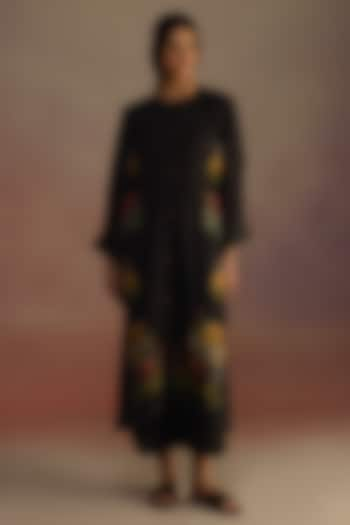 Black Habutai Silk Cascading Floral Printed Kurta Set by Roza Pret at Pernia's Pop Up Shop