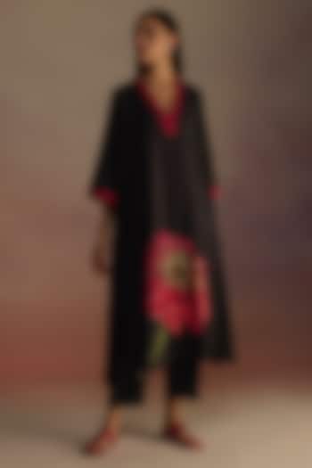 Black Silk Wool Watercolor Hand-Drawn Floral Printed A-Line Kurta Set by Roza Pret at Pernia's Pop Up Shop