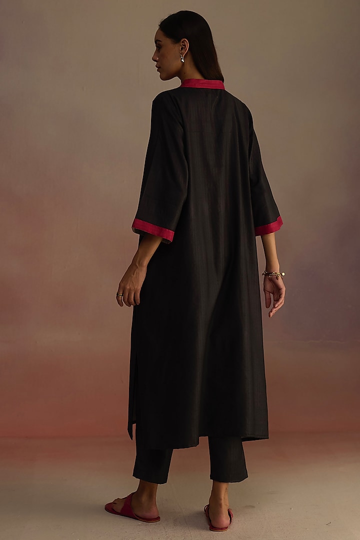 Black Silk Wool Watercolor Hand-Drawn Floral Printed A-Line Kurta Set by Roza Pret at Pernia's Pop Up Shop
