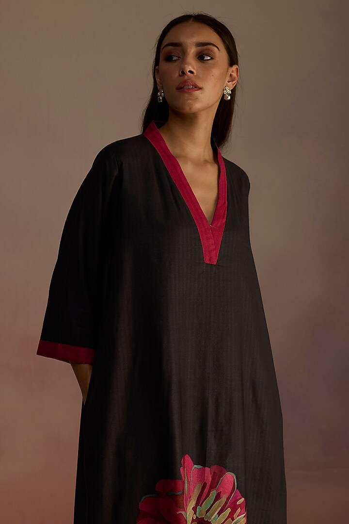 Black Silk Wool Watercolor Hand-Drawn Floral Printed A-Line Kurta Set by Roza Pret at Pernia's Pop Up Shop