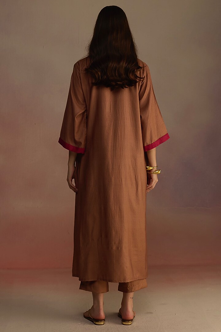 Brown Silk Wool Watercolor Hand-Drawn Floral Printed A-Line Kurta Set by Roza Pret at Pernia's Pop Up Shop